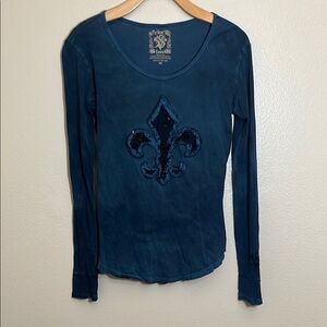Velvet Stone Blue Cotton Embellished Cross Long Sleeve Top